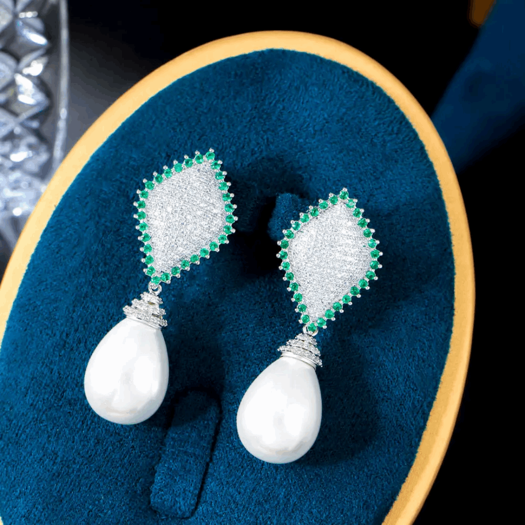 Diamond Shaped Pearl Emerald Earrings