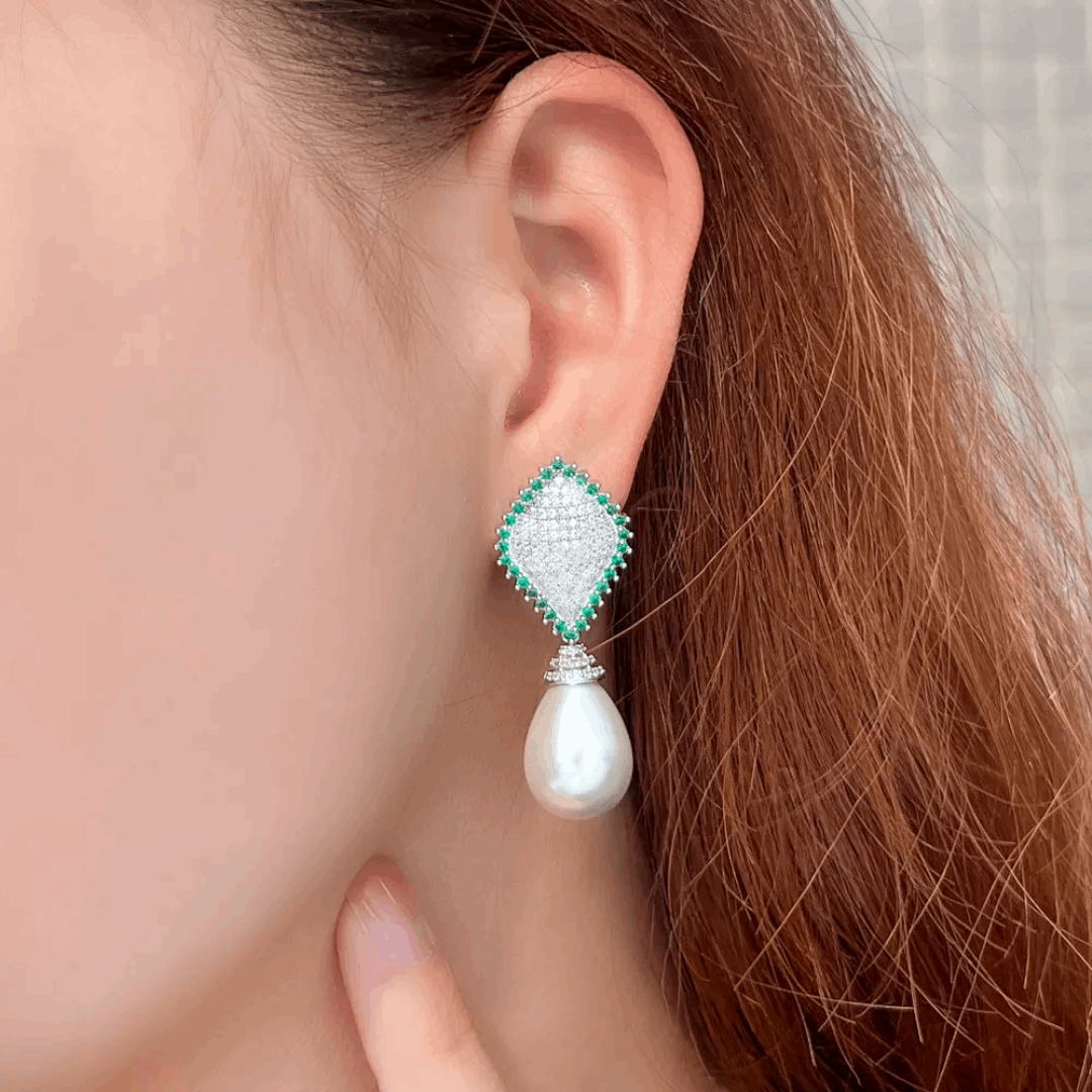 Diamond Shaped Pearl Emerald Earrings