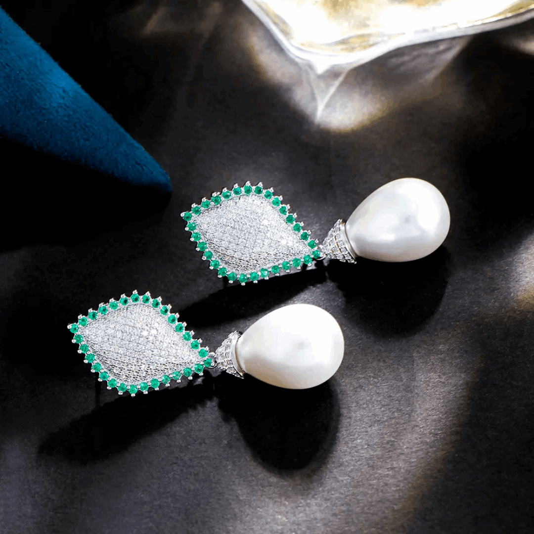 Diamond Shaped Pearl Emerald Earrings