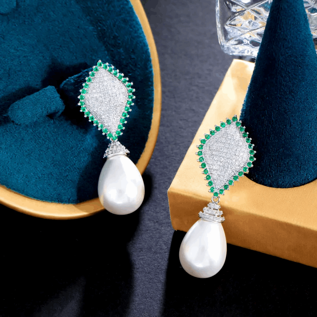 Diamond Shaped Pearl Emerald Earrings