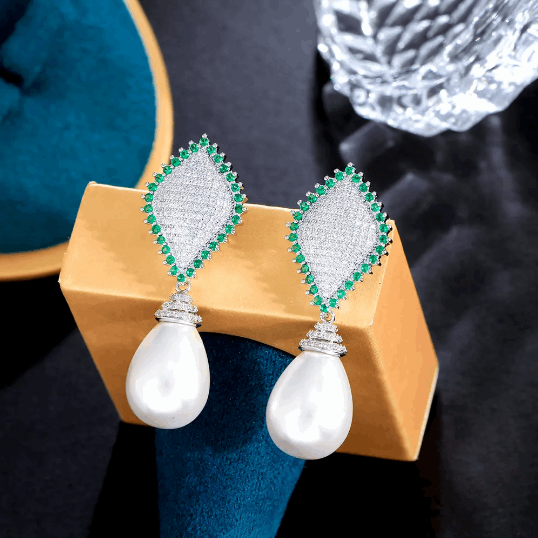 Diamond Shaped Pearl Emerald Earrings