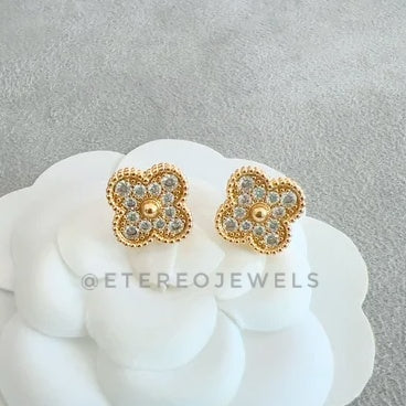 Clover Earrings Etereo Gold Cz with Clip