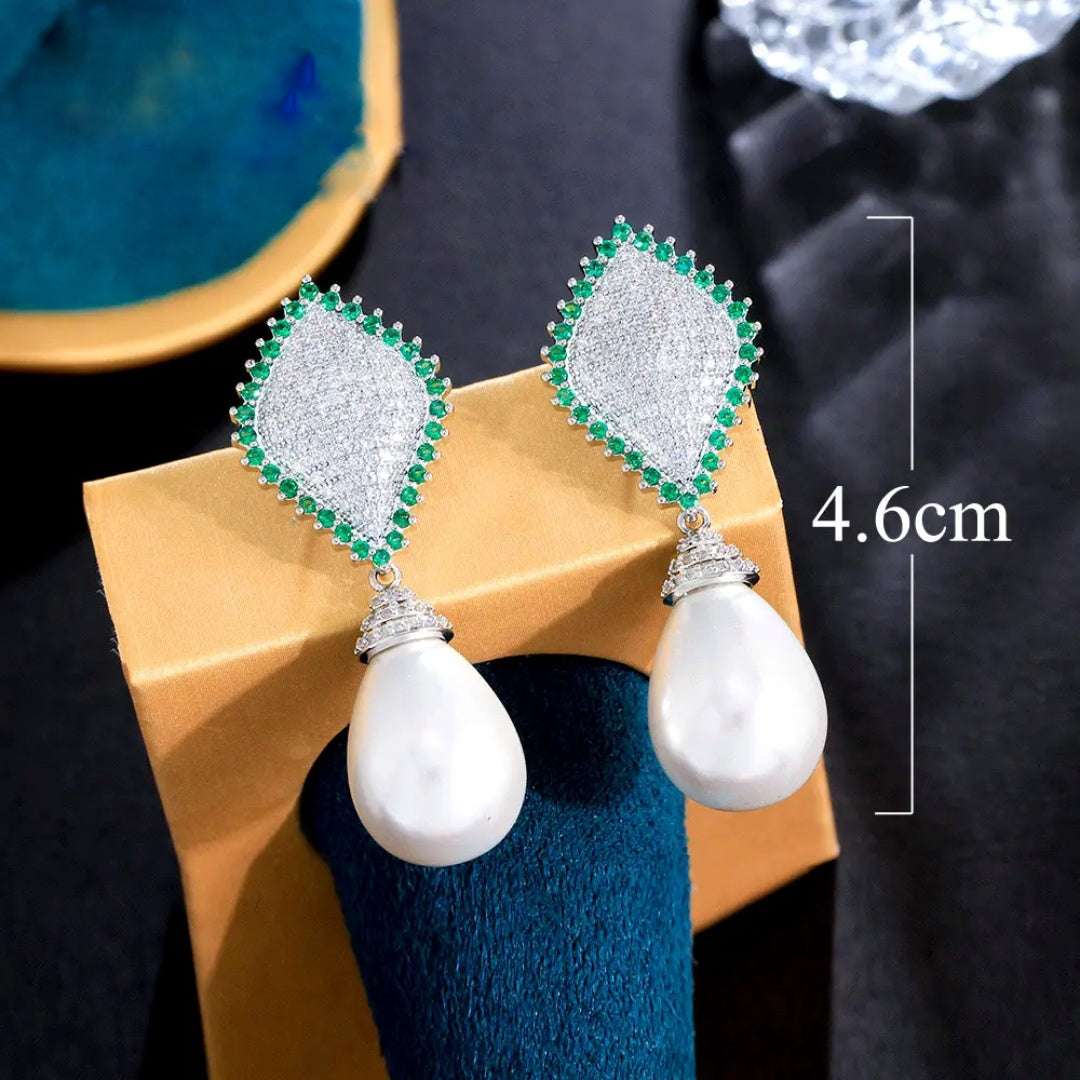 Diamond Shaped Pearl Emerald Earrings