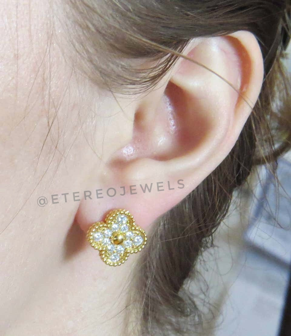 Clover Earrings Etereo Gold Cz with Clip